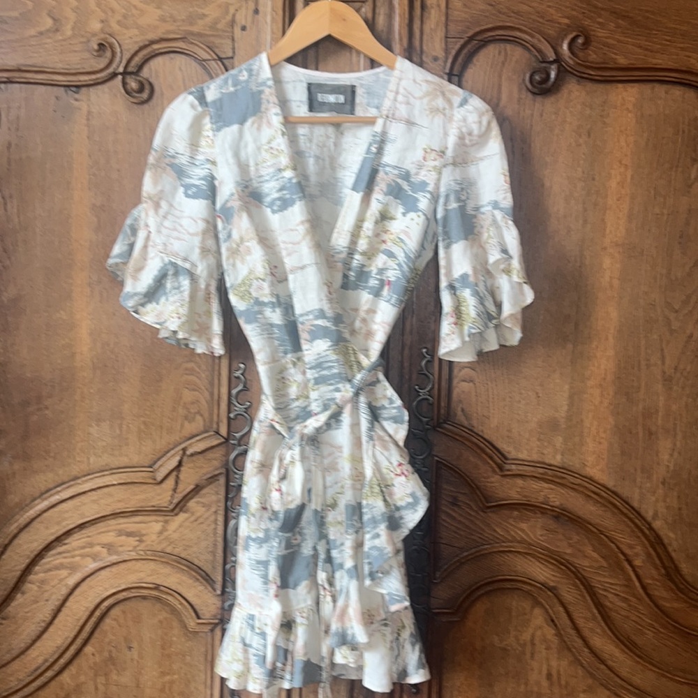 Reformation Pastel Floral Wrap Mini Dress in Cream, Light Blue and Pale Yellow - Picture 6 of 16